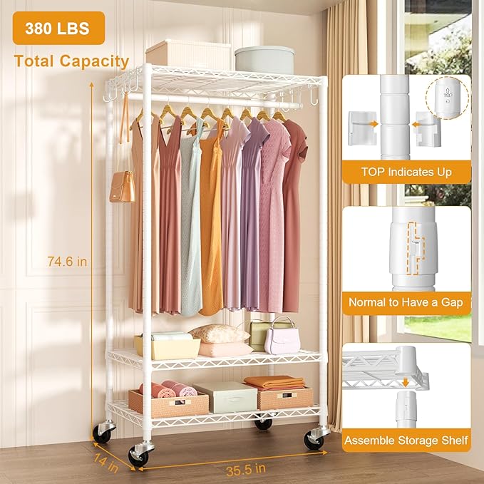 FUTASSI P6 Rolling Clothes Rack Heavy Duty, Clothing Racks for Hanging Clothes, Freestanding Garment Rack with Wheels, Portable Closet Rack Max Load 380 LBS, 35.5'' W x 14'' D x 74.6'' H, White