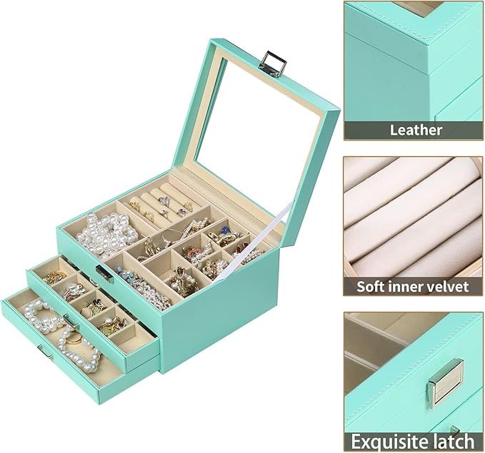 BOOVO Clear Lid Jewelry Box,3 Layers Jewelry Organizer Large Multi-Functional Jewelry Storage Box with 2 Drawers,Jewelry Display Case of Rings Earrings Necklace Bracelets for Women Girls (Turquoise)