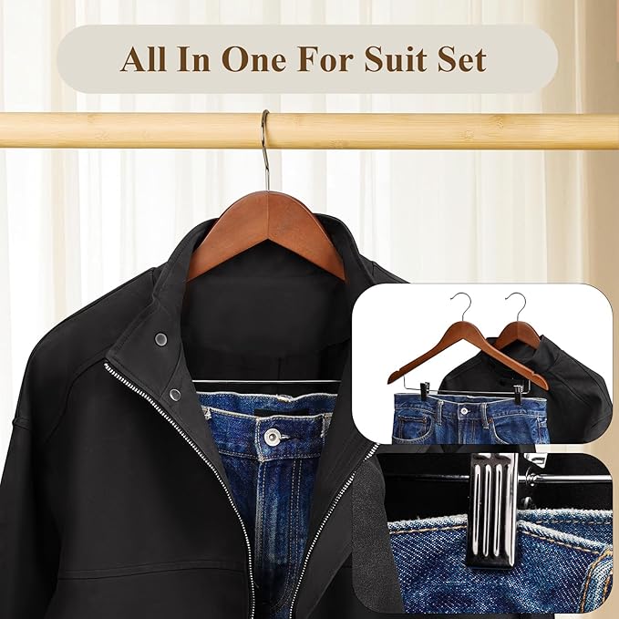 Wooden Pants Hangers 12 Pack With Clips - Adjustable Heavy Duty for Skirts, Jeans, Slacks, Shorts (Walnut)