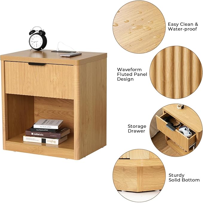 HOMMPA 22'' Fluted Nightstand with Charging Station, Modern Bedside Table w/Storage, End Table w/Drawer & Open Compartment, Wooden Bedside End Table for Bedroom, Living Room, Curved Profile Design