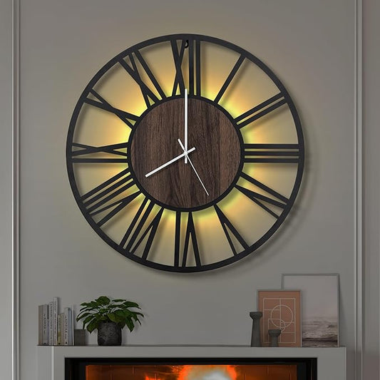 LEIKE Large LED Wall Clocks,Silent,Non Ticking,Battery Operated Rustic Round Modern Big Wood Wall Clock for Living Room, Bedroom,Kitchen,Farmhouse,Office,Home Decor -20" Black,LED,Roman Number