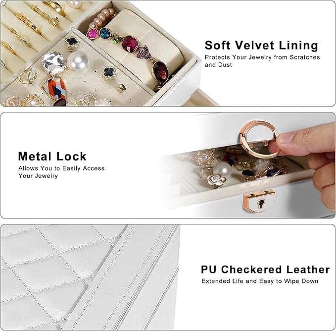 Jewelry Box, 3-Layer Jewelry Boxes for Women, Stud Earings Holder Jewelry Organizers and Storage with Removable Jewelry Tray, PU Leather Vintage Quilted Top Lockable Jewelry Holder Gift Idea