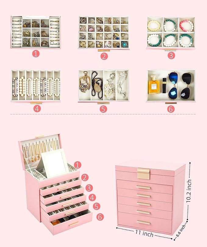 BOOVO Jewelry Box with Necklace Hanger – 6 layer Jewelry Organizer for Women with 5 Drawers, Large Jewelry Storage Boxes –Jewelry Organizers and Storage for Earrings, Necklaces (Pink, 6 layer)