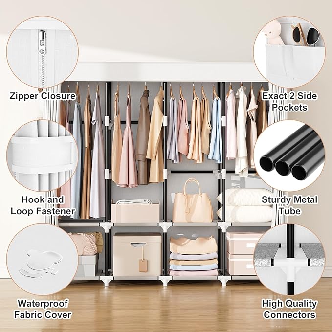 VTRIN Portable Closet for Hanging Clothes 67 Inch Wide Large Capacity Portable Wardrobe Closet with Cover, 4 Storage Shelves and 4 Hanging Rod Sturdy Free Standing Closet for Bedroom, White