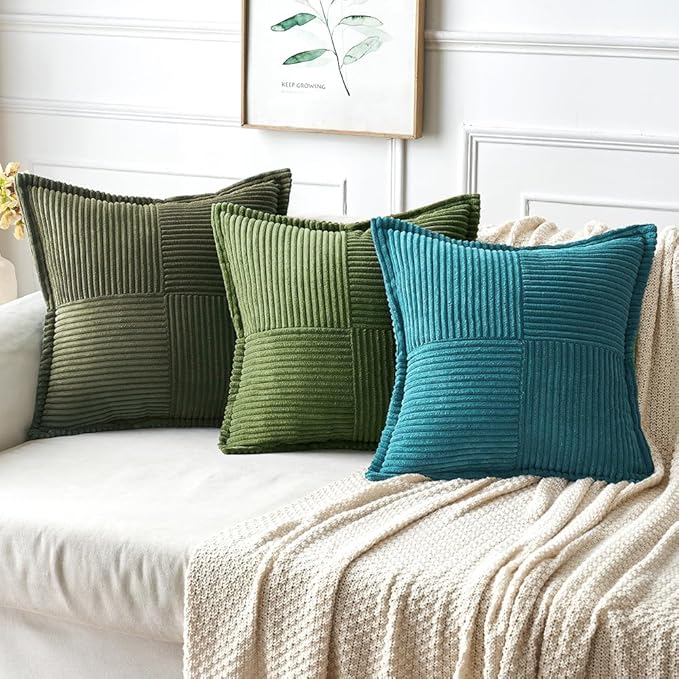 MIULEE Decorative Throw Pillow Covers for Couch Bed Livingroom 18x18 Inch Set of 2 Moss Green Boho Accent Throw Pllows Broadside Striped Patchwork Soft Corduroy Summer Pillowcases