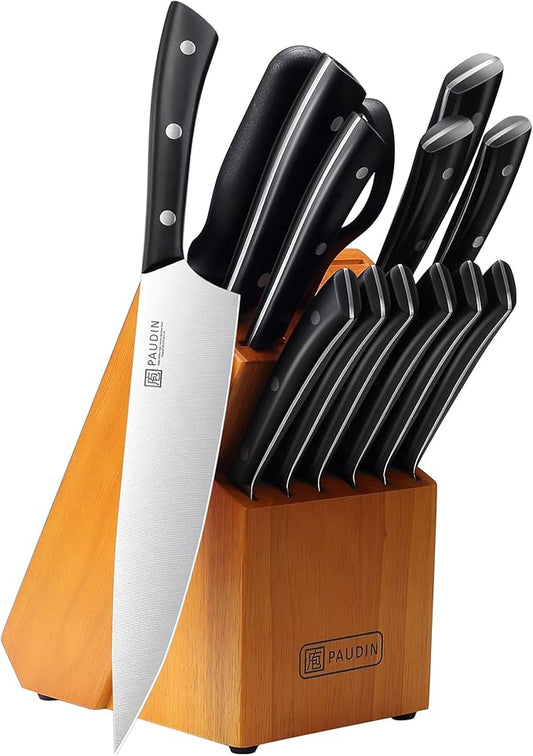 PAUDIN Knife Block Set, 15-Piece Knife Set with Block, High Carbon German Steel Kitchen Knife Set with Block and Sharpener, Sharp Knives Set for Kitchen, Precision Cutting with Ergonomic Handle