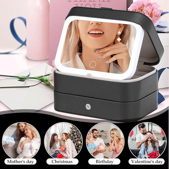Travel Jewelry Case with LED Lighted Mirror, Portable Travel Jewelry Organizer, 2-Layer Jewelry Box for Earrings Necklace Bracelet Rings, Birthday Gifts for Women Girls Kids (Black)