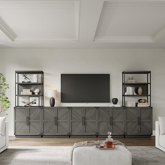 SICOTAS Tall Bookshelf with Storage Cabinet - Modern Book Shelf with Doors and Shelves, 5 Tier Bookcase with Metal Frame Industrial Large Book Case for Home Office, Living Room, 75 Inch, Ash Gray