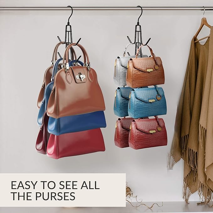 ZEDODIER Purse Hanger Organizer for Closet, 2 Pack Hanging Bag Holder, Keeping Purses Visible And In Good Condition, Metal Handbag Storage Hook Backpack Rack Space Saving Hanger, Black