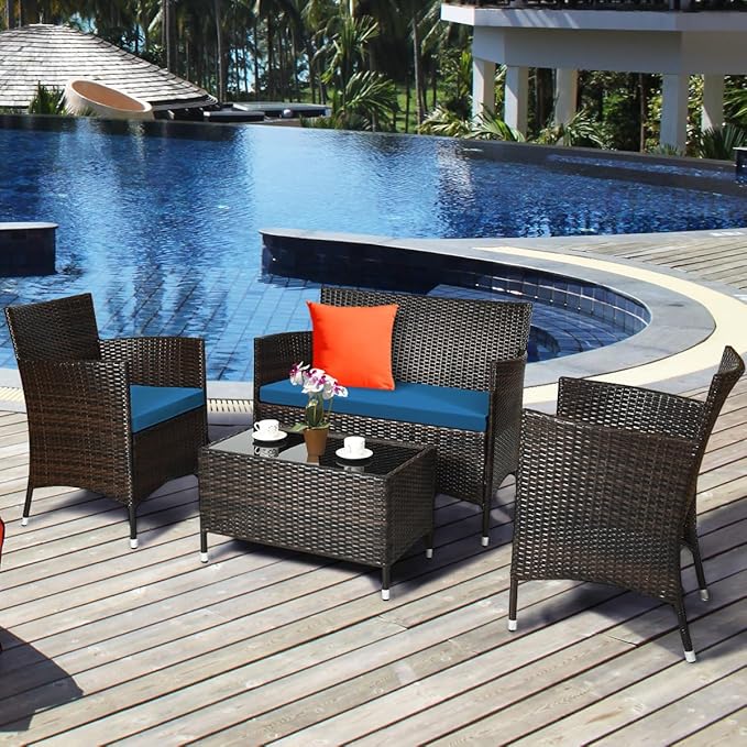 Tangkula 4 Pieces Patio Rattan Conversation Set with Tempered Glass Coffee Table & Thick Cushion, Wicker Set for Garden, Lawn, Poolside and Backyard