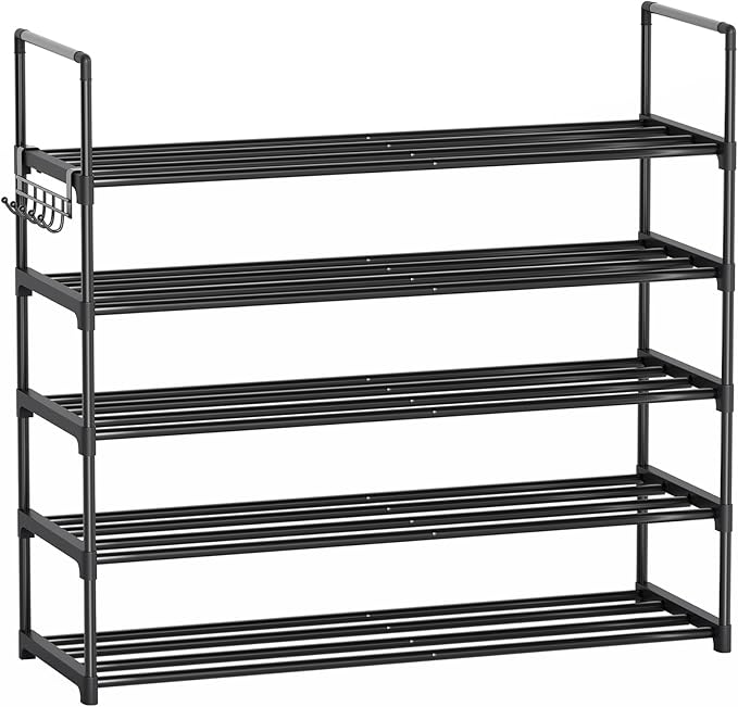 Metal Shoe Rack - 5-Tier Shoe Organizer with Adjustable Shelf Height, Sturdy Shoe Storage Shelf, Perfect for Front Door Entrance, Closet & Entryway, Easy to Assemble, DIY Layering Options (L - 5 Tier)