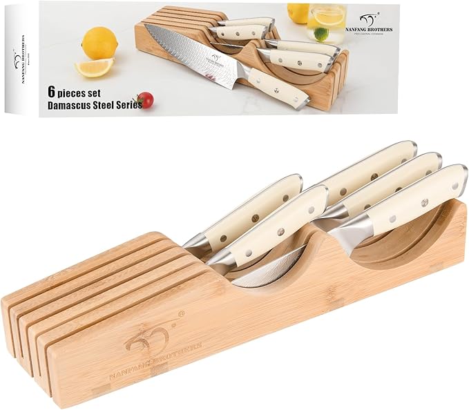 NANFANG BROTHERS Damascus Kitchen Knife Set,6 Pieces Drawer Knife Set,ABS Ergonomic Handle for VG10 Steel Professional Chef Knives Set with Block