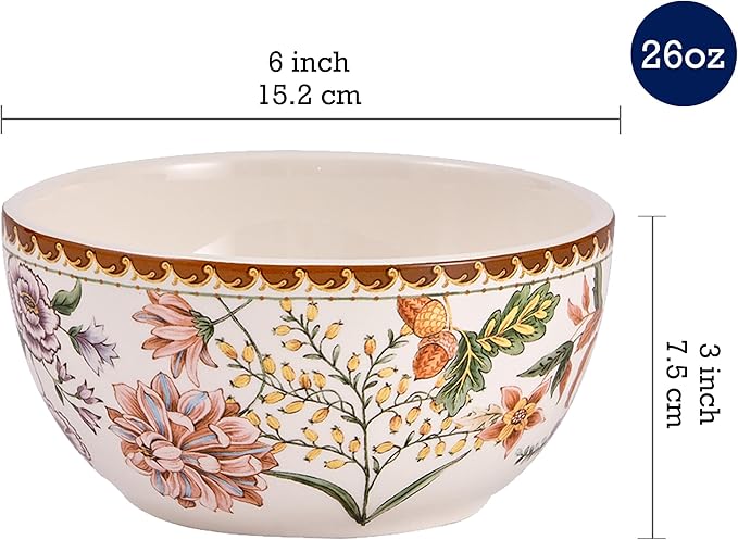 Bico Blooming Moment Cereal Bowls Set of 4, 26 oz Deep Ceramic Soup Bowls for Cereal, Salad, Noodles, Kitchen, Microwave and Dishwasher Safe, Gift for Housewarming and Thanksgiving