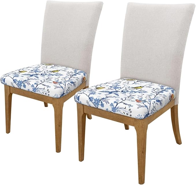Seat Covers for Dining Room Chairsset of Set of 6, Floral Navy Blue Bird White Spring Flower Stretch Chair Seat Covers Cushion Slipcovers for Kitchen Office