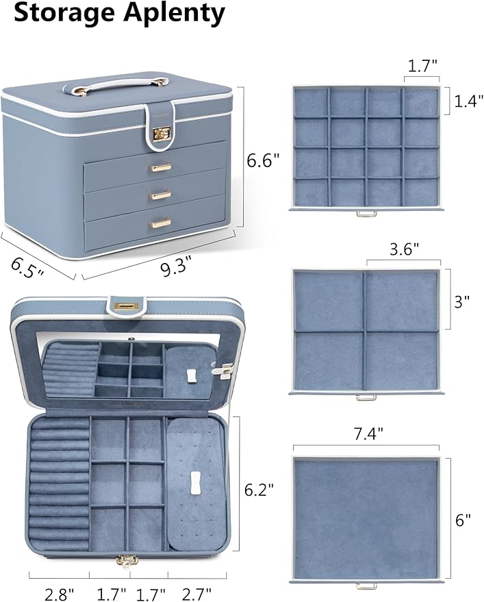 KAMIER Jewelry Boxes for Women, 4 Layer Jewelry Organizer with Mirror, 3 Drawers, Large Jewelry Box for Bracelets, Earrings, Rings, Necklaces, Mothers Day Gifts for Loved One, Bluish Grey