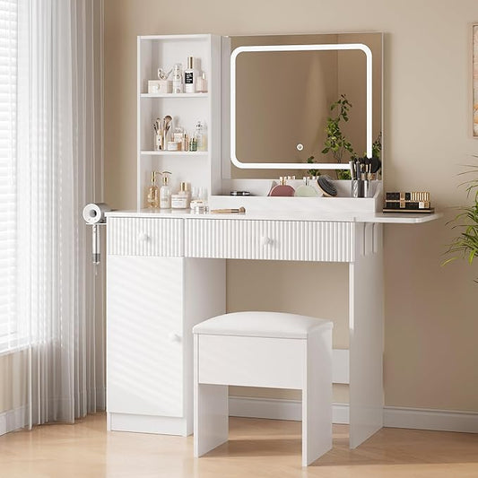 Vanity Desk with Mirror and Lights, Pink Makeup Vanity with Charging Station, Dressing Table Set with Storage Chair, Drawer Shelves, and Foldable Panel for Compact Space Bedroom (White)
