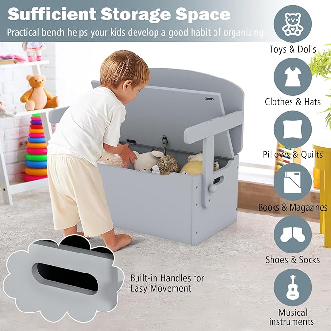 HONEY JOY Kids Table and Chair Set, 3-in-1 Convertible Wooden Toy Storage Bench with Handle, Toddler Furniture Set for Daycare Playroom, Gift for Boys Girls 3+ (Gray)