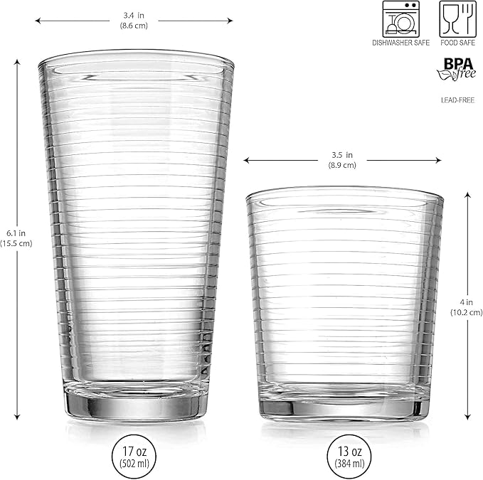 Glaver's Drinking Glasses Set of 12. Everyday Mixed Drinkware Set. 6, 17 oz Tall Kitchen Glass Cups, 6,13 Oz Rocks Whiskey Glasses. Heavy Duty Ribbed Glassware Set for Cocktail Beer, Juice, Water.