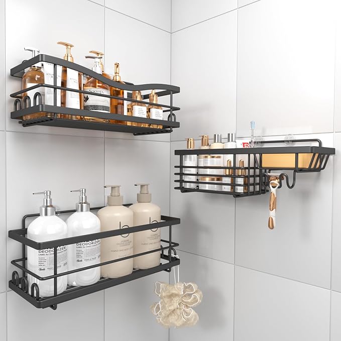 Shower Caddy, 3 Pack Large Capacity Bathroom Organizers and Storage, No Drilling Adhesive Rustproof Shelves with Soap Holder, Home Decor, Black