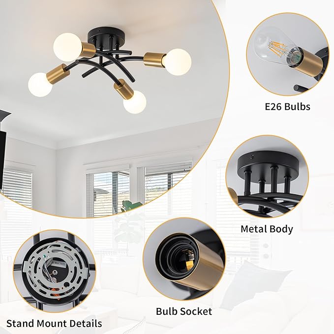 WILON Semi Flush Mount Ceiling Light Fixture, Modern Flush Mount Ceiling Lights, Black Gold 4-Light Sputnik Ceiling Light Fixture with E26 Bulb Base for Hallway Farmhouse Kitchen Bedroom