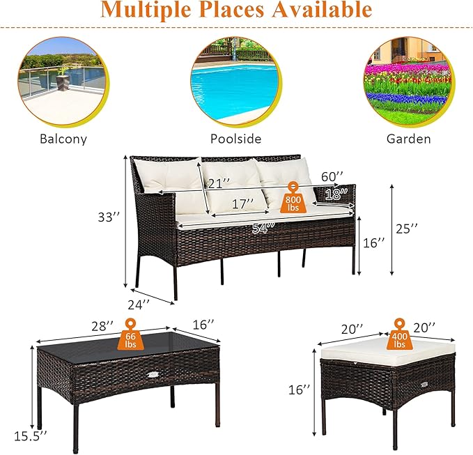 Tangkula 3 Pieces Patio Conversation Set, Outdoor PE Rattan Wicker Furniture Set W/Cozy Cushions, All Weather Sectional Sofa Set W/Tempered Glass Coffee Table for Poolside, Backyard, Garden