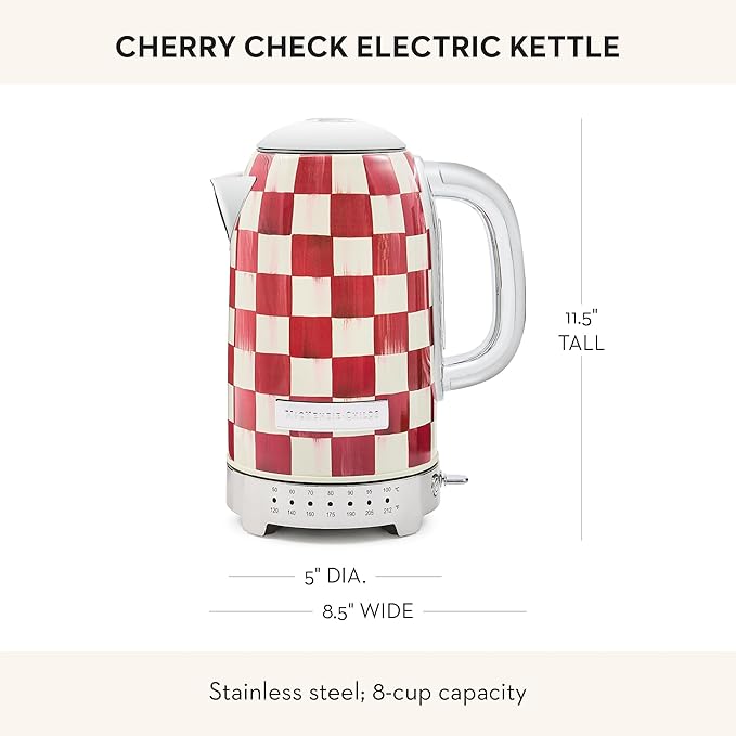 MACKENZIE-CHILDS Electric Kettle, Stainless-Steel Tea Kettle, Red-and-White Cherry Check