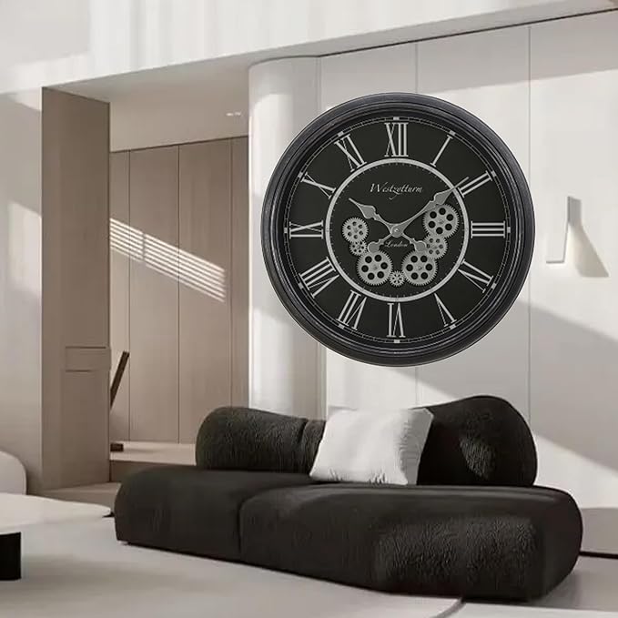 23 Inch Black Steampunk Wall Clock with Decorative Gears, Industrial Vintage Analog Clock for Living Room, Farmhouse, Office Decor, Silent Non-Ticking Battery Operated