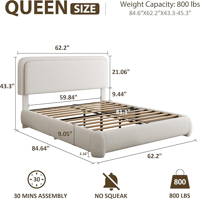 Queen Bed Frame, Teddy Velvet Boucle Bed Frame with 43.3"/45.3" Adjustable Upholstered Headboard, Rounded Corners, Mattress Foundation, No Box Spring Required, White