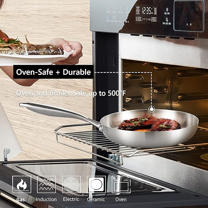 LOLYKITCH 8 Inch Tri-ply Stainless Steel Frying Pan with Lid,Small Skillet,Induction Cooking Pan,Dishwasher and Oven Safe,Riveted Handle.