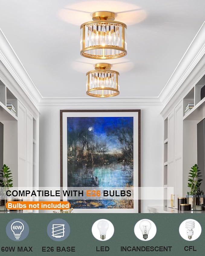 Black Flush Mount Ceiling Light, 2- Light Caged Crystal Chandelier, Small Drum Hallway Light fixtures Ceiling Mount (8.6 INCH Brass Gold（1-Light）)