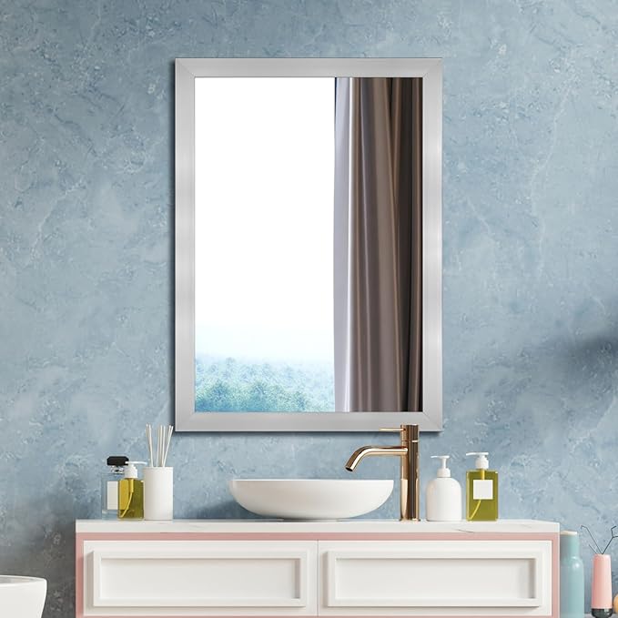 Ruomeng Bathroom Mirror 24" x 36" Rectangular Wall Mirror for Over Sink Feamed Mirror for Entryway, Bedroom, Living Room, Nickel