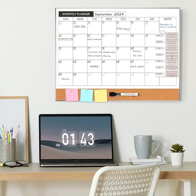 ARCOBIS Dry Erase Calendar with Cork Board for Wall, 24"x 18" Magnetic Calendar Whiteboard with Silver Frame, Monthly Combination Board for School, Home, Office