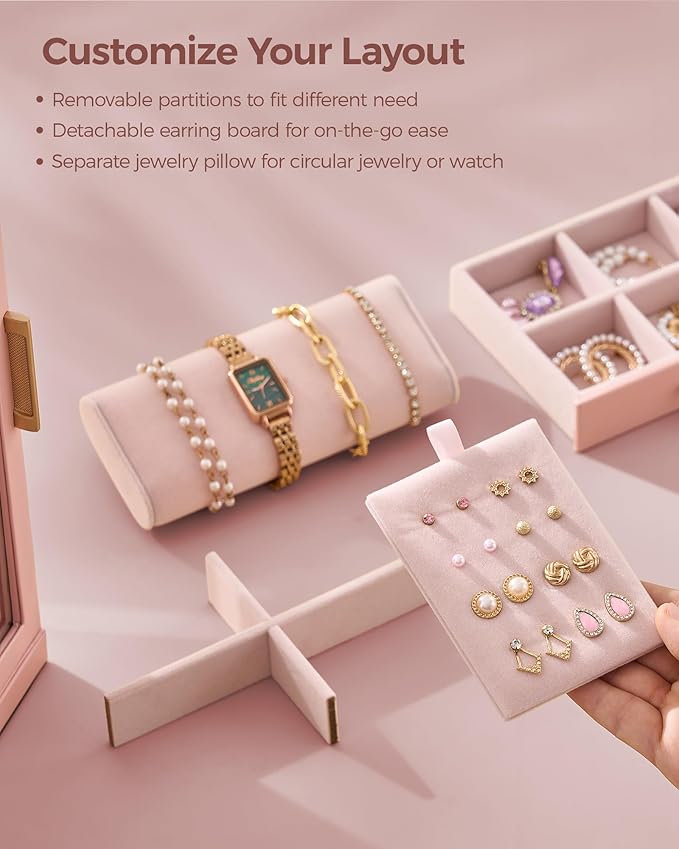 360° Rotating Jewelry Box with 5 Drawers, Spacious Vertical Jewelry Organizer with Glass Window, Jewelry Storage Case, Dustproof & Moisture-resistant Design, Pink