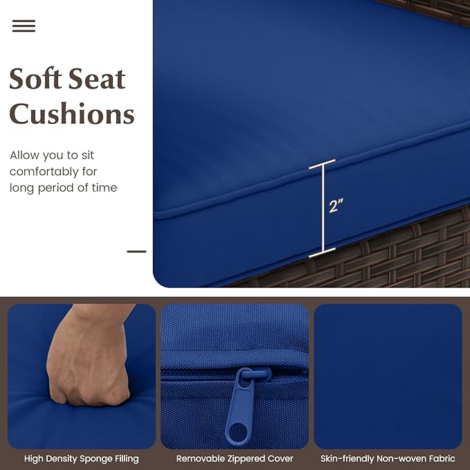 Tangkula 3 Pieces Patio Rattan Furniture Set, Outdoor Conversation Set with PE Wicker Armchairs, Tempered Glass Top Coffee Table, Soft Removable Cushions, for Porch Garden Yard Balcony (Navy)