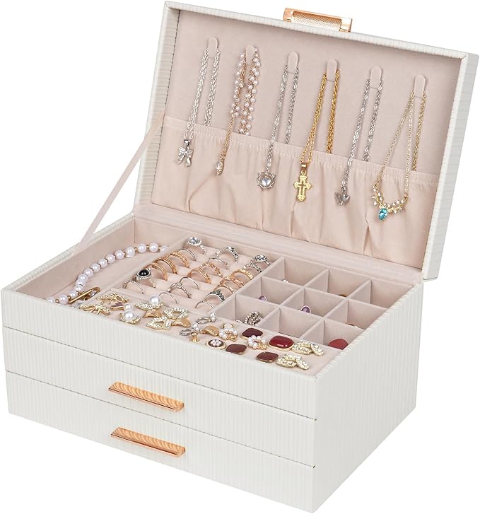 Dajasan Jewelry Boxes for Women, Jewelry Box Organizer with 2 Drawers, 3-Tier Large Jewelry Holder Organizer Box for Necklace Ring Earring Bracelet, Gift Idea, Modern Style (White)