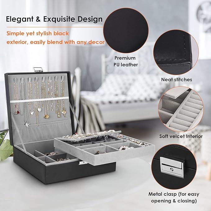 Jewelry Box, Jewelry Boxes for Women & Men with PU Leather, 2 Layer Large Jewelry Organizer Storage Case with Lock, for Necklace Bracelets Earrings Rings, Jewelry Organizer Box Ideal Gift, Black