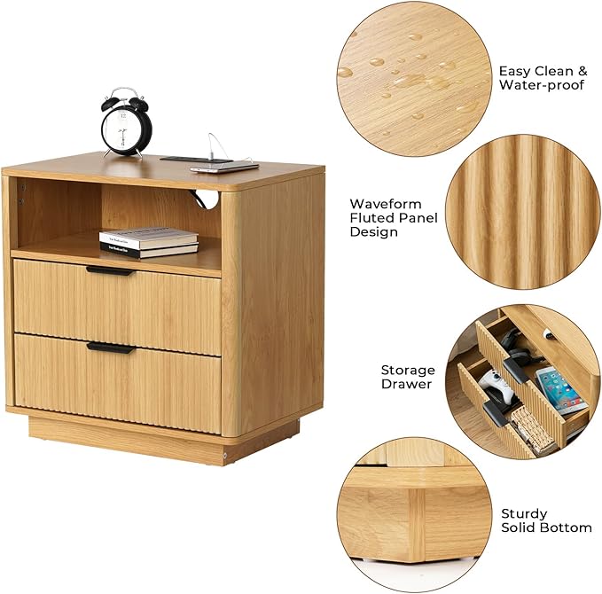 Hommpa 24'' Fluted Nightstand Set of 2 with Charging Station, Modern Bedside Table with Storage, 2 Drawer Beside End Table with Open Shelf, Mid Century Modern Wood Night Stand for Bedroom, Living Room