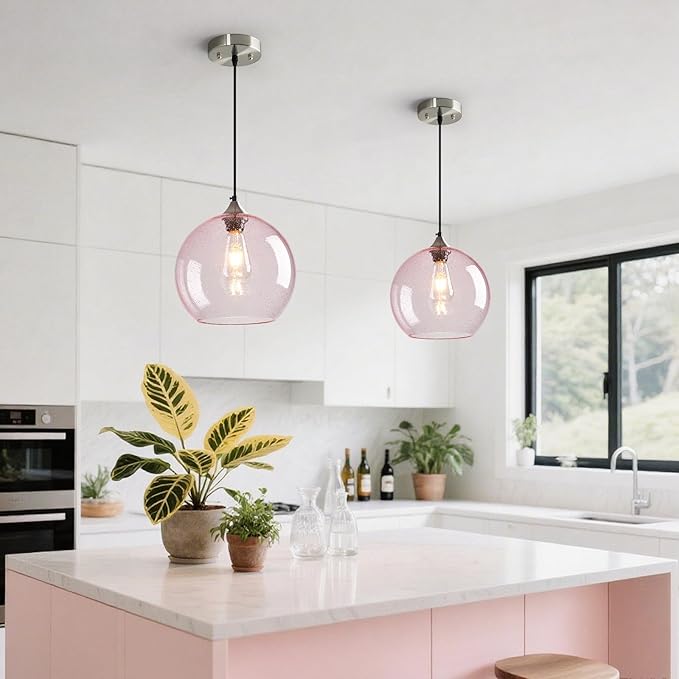 Pink Glass Pendant Lights Kitchen Island Globe Pendant Light Fixtures Modern Pendant Lighting for Bedroom Living Dining Room Light Fixture (9.84 in, 1 Pack)