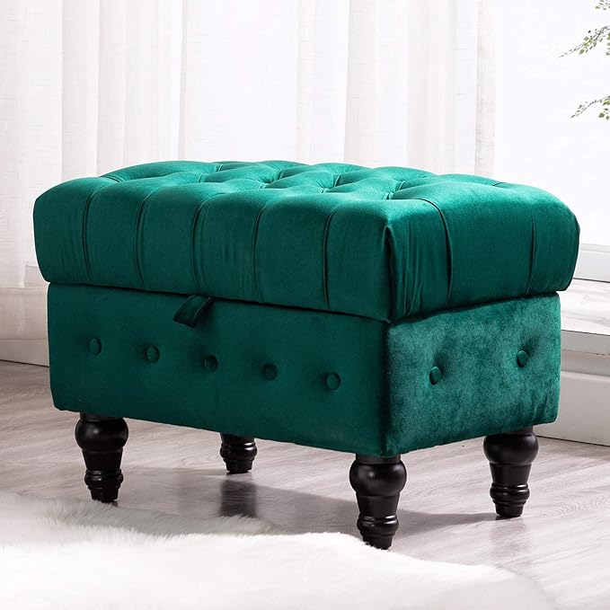 Artechworks Button Tufted Storage Ottoman, Velvet Upholstery Footstool Bed Ottoman for Living Room, Home Office, Space-Saving Storage Toy Box Coffee Table Stool, Green