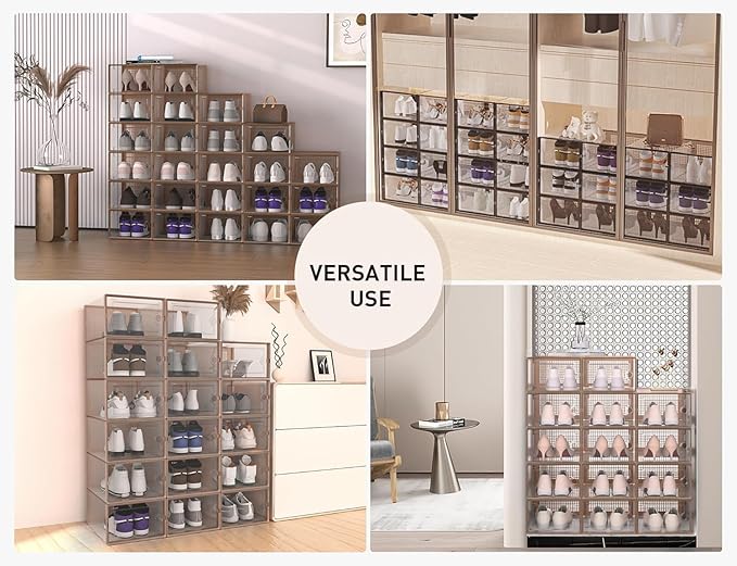 Kuject X-Large Shoe Storage Boxes Organizers for Closet 12 Pack, Fit Size 11,Clear Plastic Stackable Sneaker Containers for Entryway, Space Saving Shoe Rack,Substitute for Drawer Organize Unit, Brown