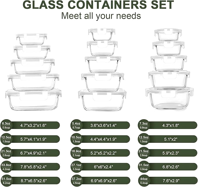 30 Pieces Glass Food Storage Containers Set, Glass Meal Prep Containers Set with Snap Locking Lids, Airtight Glass lunch Containers, Microwave, Oven, Freezer & Dishwasher,White