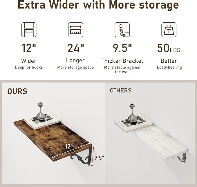 Deep Floating Shelves, 24" W x 12" D Wall Shelves Set of 2, Wide Display Shelf Wall Mounted with Brackets, Bookshelf for Living Room, Bathroom, Bedroom, Rustic Brown