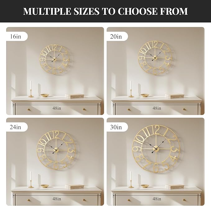 Large Wall Clock, 20 Inch Gold Decorative Wall Clocks Battery-Operated, Modern Metal Round Clock Silent Non Ticking Arabic Numerals for Living Room Kitchen Mantel Office Decor