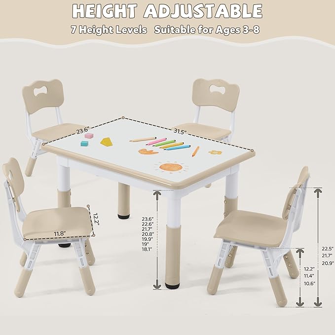 Adjustable Kids Table Chairs Set – Graffiti Desktop, Multi-Activity Height-Adjustable Toddler Study Desk for Ages 3-8 – Ideal for Home, Classroom, Daycare (B-Wood, 4 Chairs-31.5" L x 23.6" W)