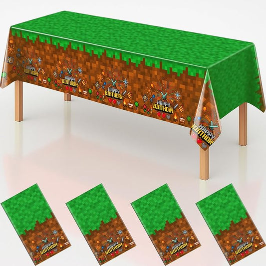 4Pcs Pixel Miner Party Decorations Tablecloth, 54" x 108" Gamer Birthday Tablecloth Disposable Plastic Pixel Gaming Birthday Decorations Table Cover for Kids Gamer Party Supplies