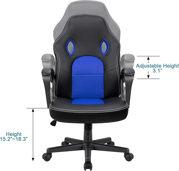 Furmax Blue Leather Office Chair with Adjustable Swivel Base, Padded Armrests and Lumbar Support