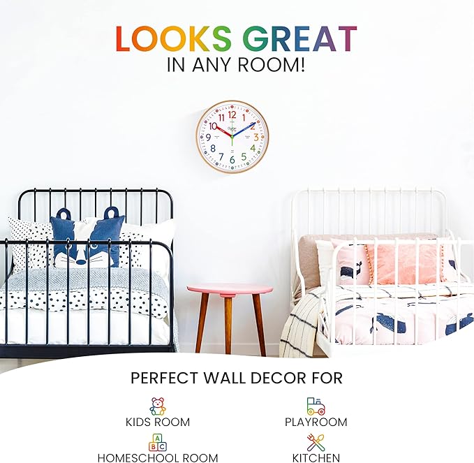 Oyster&Pop Kids Learning Wall Clock - Silent Non-Ticking Analog 10 Inch Teaching Clock for Classrooms & Bedrooms - Makes Telling Time Easy for Kids