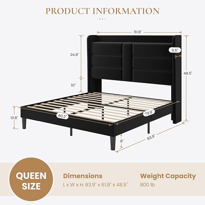 SHA CERLIN Queen Size Bed Frame with Charging Station & Storage Headboard, Velvet Platform Bed with Upholstered Modern Wingback Design, Wooden Slats Support, No Box Spring Needed, Easy Assembly, Black