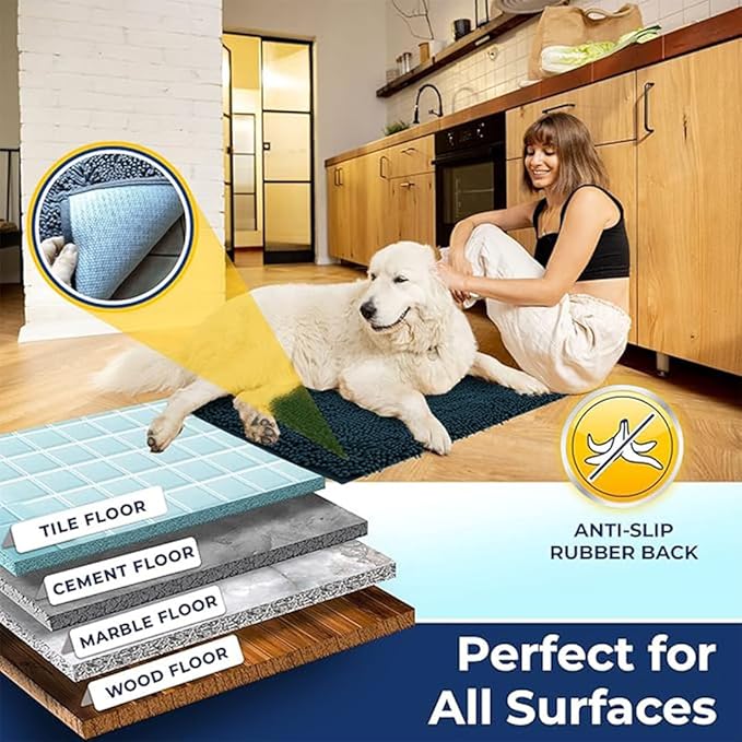 Muddy Mat Chenille Bathroom Rugs Quick Dry Microfiber Mats Non Slip Washable, Extra Thick, Soft and Highly Absorbent Bath Mats for Bathroom, Kitchen, and Shower Floor - Atlantic Blue Large 35"X24"