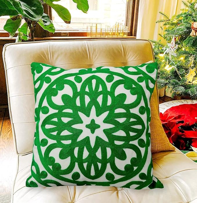 Alysheer Embroidered Decorative Throw Pillow Cover 18x18 inch, 100% Cotton Canvas Cozy Warm Knit Pattern Cushion Case for Sofa Couch Living Room Office Holiday Decor Gifts (Happy Christmas Tree Green)